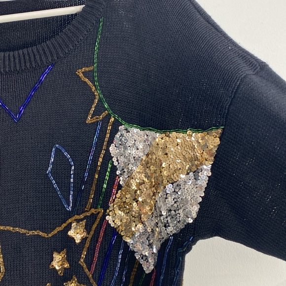 Vtg Sequin Beaded Star Print Sweater Rainbow Waves Medium Made in Hong Kong - Picture 9 of 16